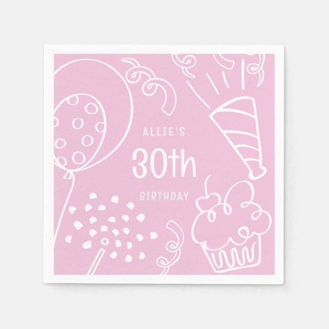 Hand Drawn Any Age Birthday Party Balloon Pink Napkin (Front)