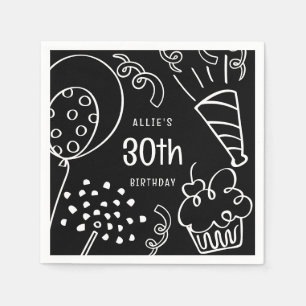 Hand Drawn Any Age Birthday Party Black and White Napkin