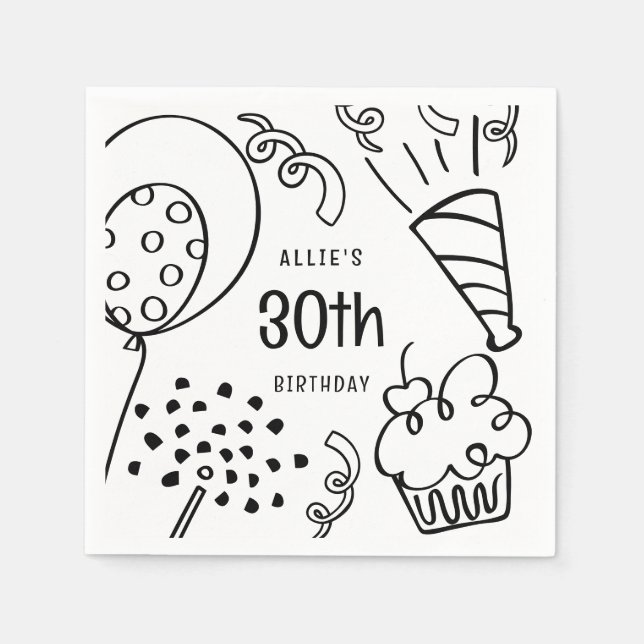 Hand Drawn Any Age Birthday Party Black and White Napkin (Front)