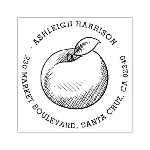 Hand-drawn Apple   Round Name & Return Address Rubber Stamp