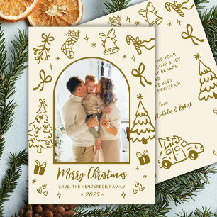 Hand-Drawn Arch Photo Gold Beige Merry Christmas  Holiday Card
