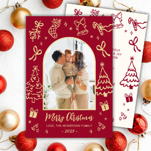 Hand-Drawn Arch Photo Red and Gold Merry Christmas Holiday Card