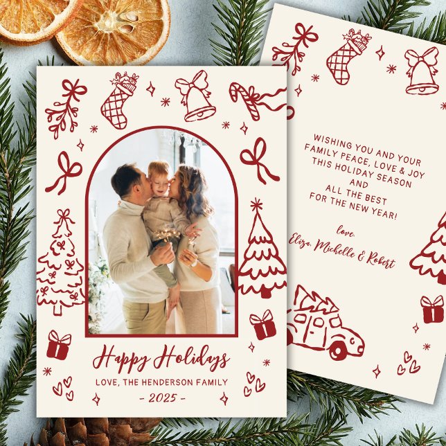Hand-Drawn Arch Photo Red Beige Christmas Happy Holiday Card (Creator Uploaded)