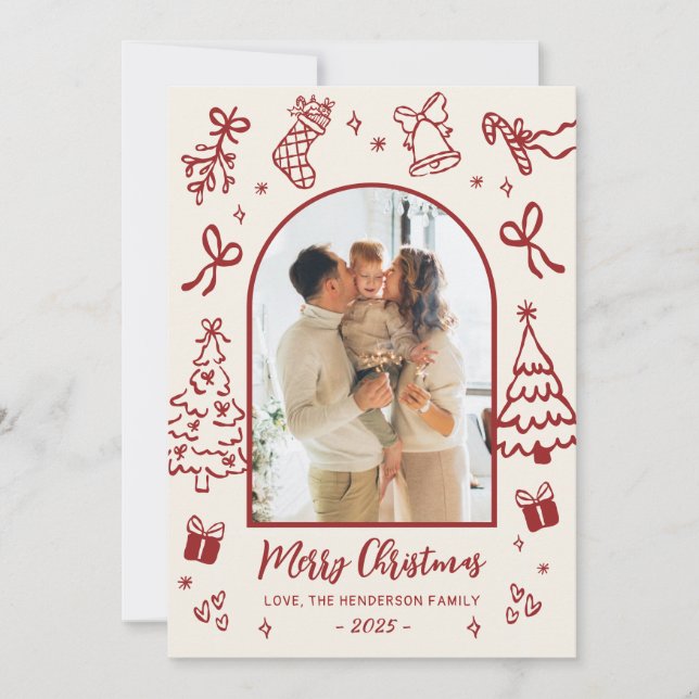 Hand-Drawn Arch Photo Red Beige Merry Christmas  Holiday Card (Front)