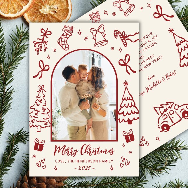 Hand-Drawn Arch Photo Red Beige Merry Christmas  Holiday Card (Creator Uploaded)