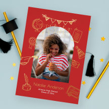 Hand Drawn Arch Photo Red Graduate Announcement