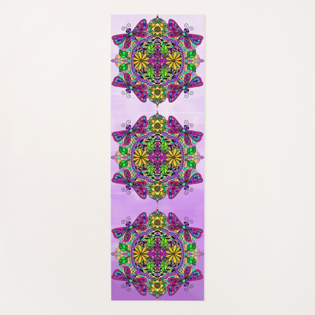 Hand drawn Art Dragonfly Mandala Purple Colourful Yoga Mat (Front)