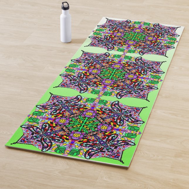 Hand drawn Art Dragonfly Mandala Purple Lime Green Yoga Mat (In Situ)