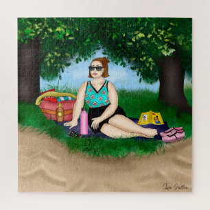 Hand drawn Art Woman Relaxing at Beach Jigsaw Puzzle