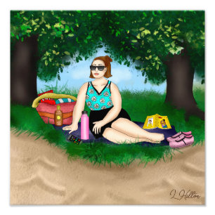 Hand drawn Art   Woman Relaxing at Beach Photo Print