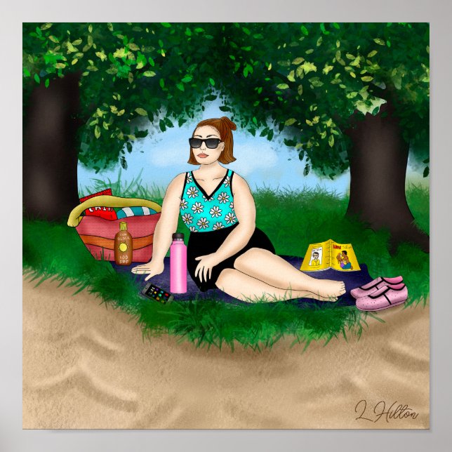 Hand drawn Art | Woman Relaxing at Beach Poster (Front)