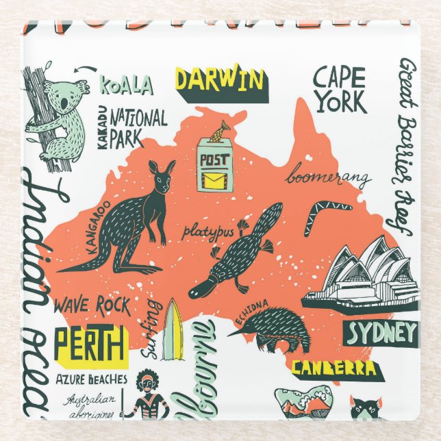 Hand-drawn Australian attractions, typography post Glass Coaster (Front)