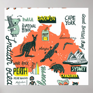 Hand-drawn Australian attractions, typography post Poster