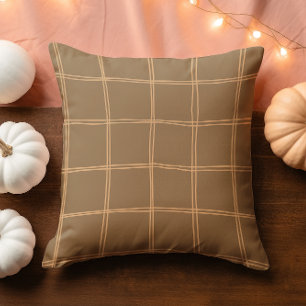 Hand Drawn Autumn Brown and Cream Grid Cushion
