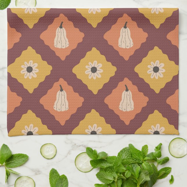 Hand Drawn Autumn Diamond Pattern Kitchen Towel (Folded)