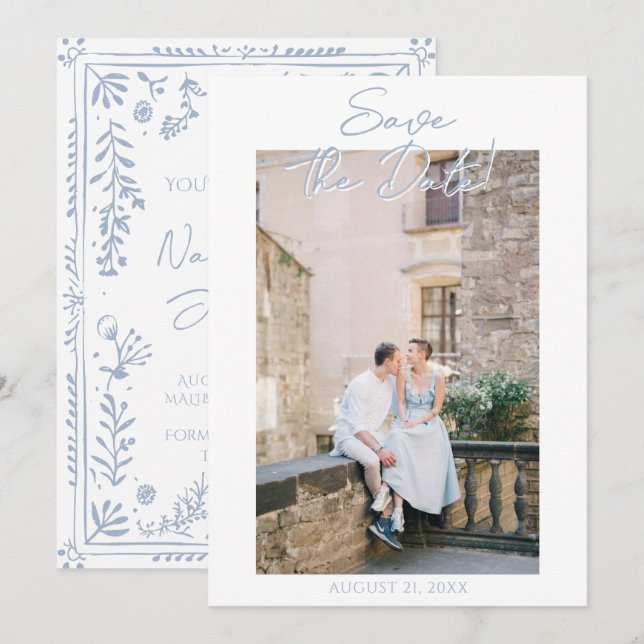 Hand Drawn Azure Blue Floral Garden Photo Wedding Save The Date (Front/Back)