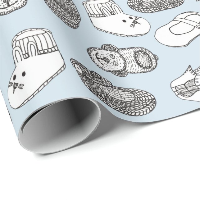 Hand Drawn Baby Booties Blue Pattern Wrapping Paper (Roll Corner)