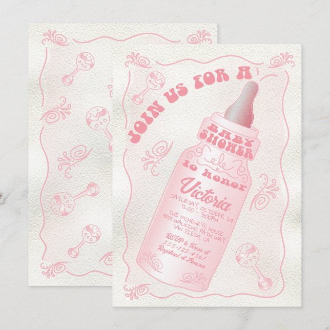 Hand Drawn Baby Bottle Baby Shower Invitation (Front/Back)