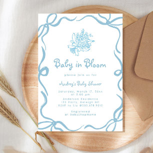 Hand Drawn Baby In Bloom Floral Blue Baby Shower Invitation