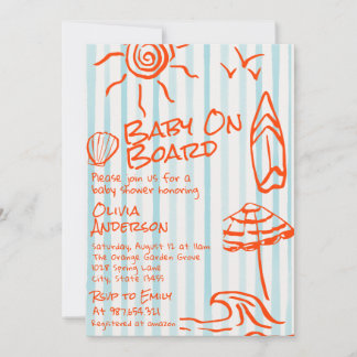 Hand Drawn Baby On Board Surf Summer Baby Shower Invitation