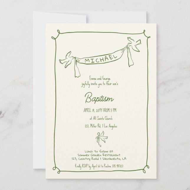 Hand drawn Baptism invitation with doves (Front)