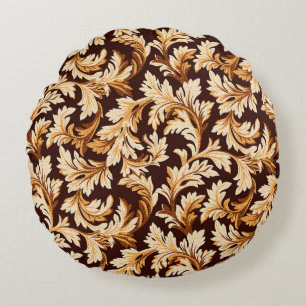 Hand Drawn Baroque Leaves: Stylish Elegance. Round Cushion