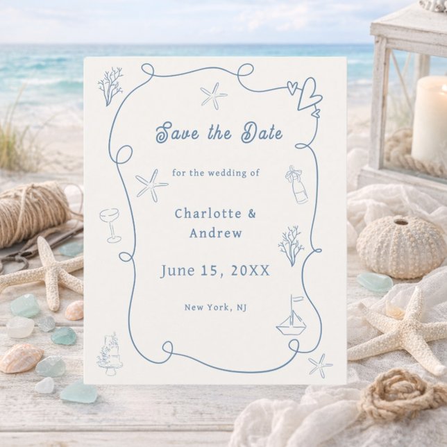 Hand drawn beach blue ivory wedding Save the Date (Creator Uploaded)