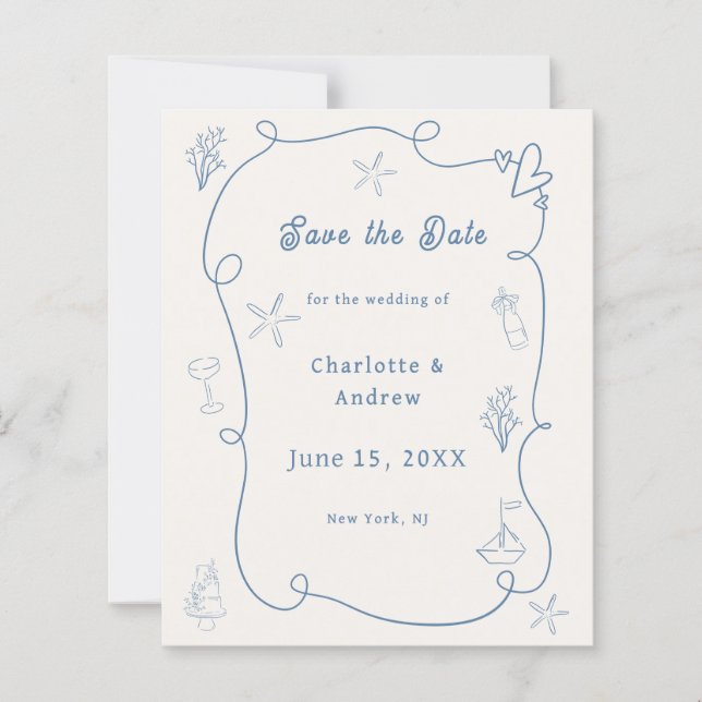 Hand drawn beach blue ivory wedding Save the Date (Front)