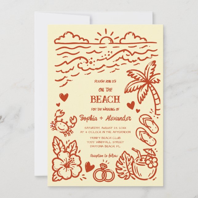 Hand Drawn Beach Doodle Wedding Invitation (Front)