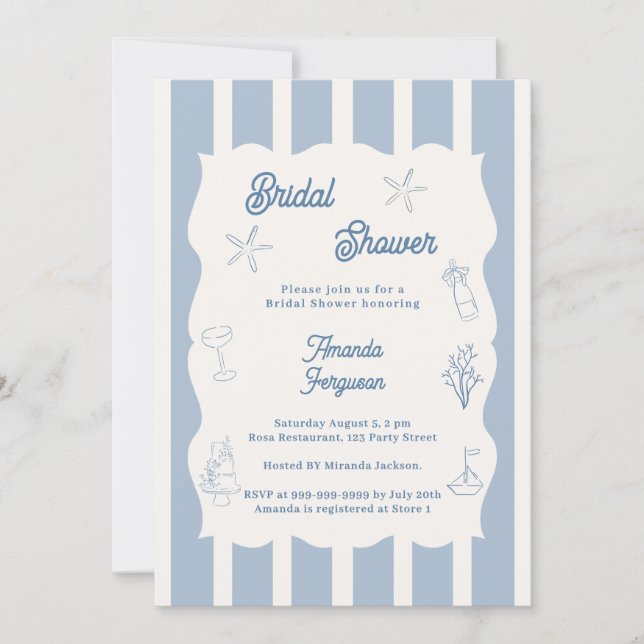 Hand drawn beach dusty blue ivory Bridal Shower Invitation (Front)
