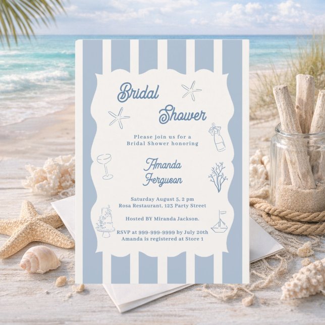Hand drawn beach dusty blue ivory Bridal Shower Invitation (Creator Uploaded)