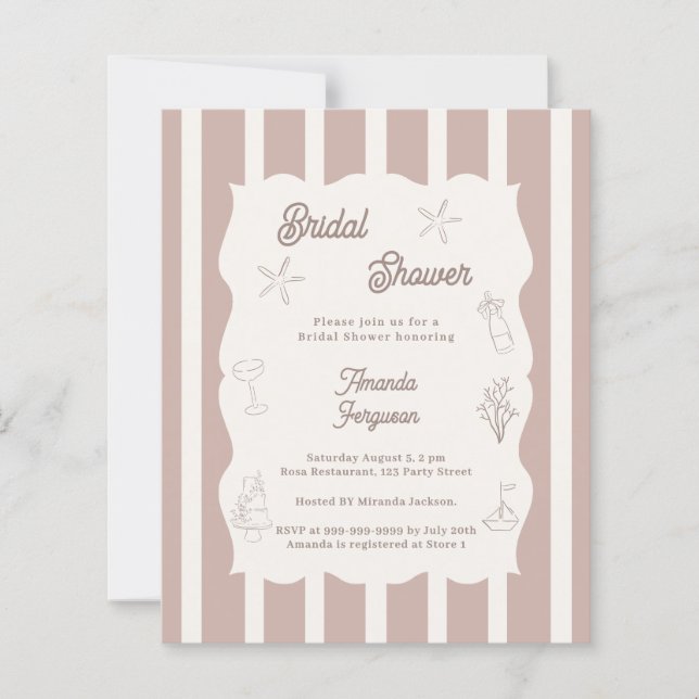 Hand drawn beach taupe Bridal Shower invitation (Front)