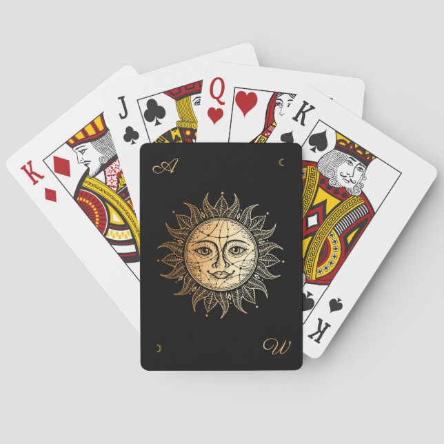 Hand Drawn Beautiful Celestial Sun Face Star Playing Cards (Back)
