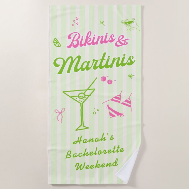 Hand Drawn Bikinis & Martinis Bachelorette Party Beach Towel (Front)