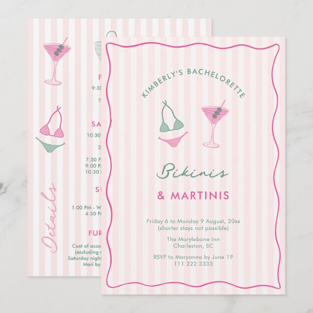 Hand-Drawn Bikinis & Martinis Bachelorette Weekend Invitation (Front/Back)
