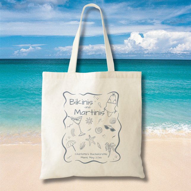 Hand Drawn Bikinis & Martinis Coastal Bachelorette Tote Bag (Creator Uploaded)