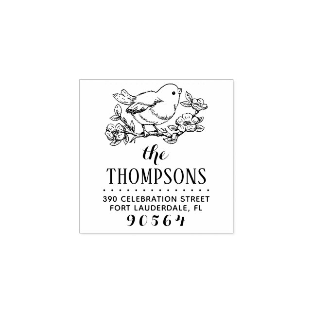 Hand-drawn Bird & Branch Name Return Address Rubber Stamp (Imprint)