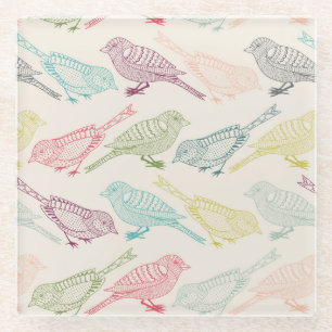 Hand Drawn Bird Sketches of Different Colours Glass Coaster