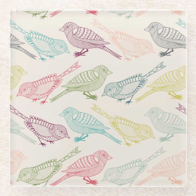 Hand Drawn Bird Sketches of Different Colours Glass Coaster (Front)