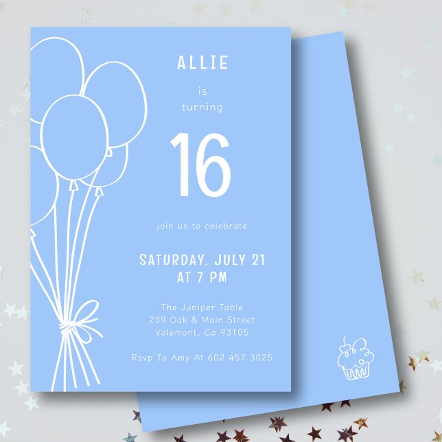 Hand Drawn Birthday Balloon Any Age Minimal Blue Invitation (Creator Uploaded)