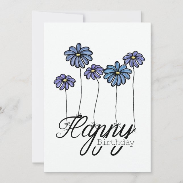 Hand-Drawn Birthday Card w Blue Flower Balloons (Front)