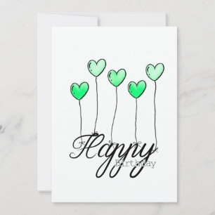 Hand-Drawn Birthday Card w Green Heart Balloons