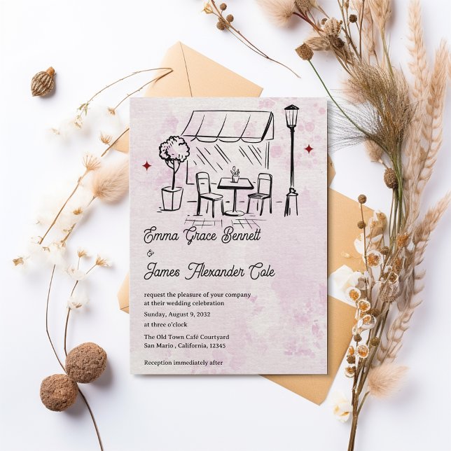 Hand-Drawn Bistro Café Courtyard Wedding Invitation (Hand-Drawn Bistro Café Courtyard Wedding Invitation)