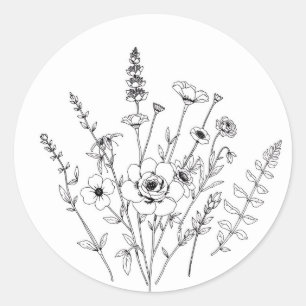 Hand Drawn Black and White Delicate Floral Classic Round Sticker