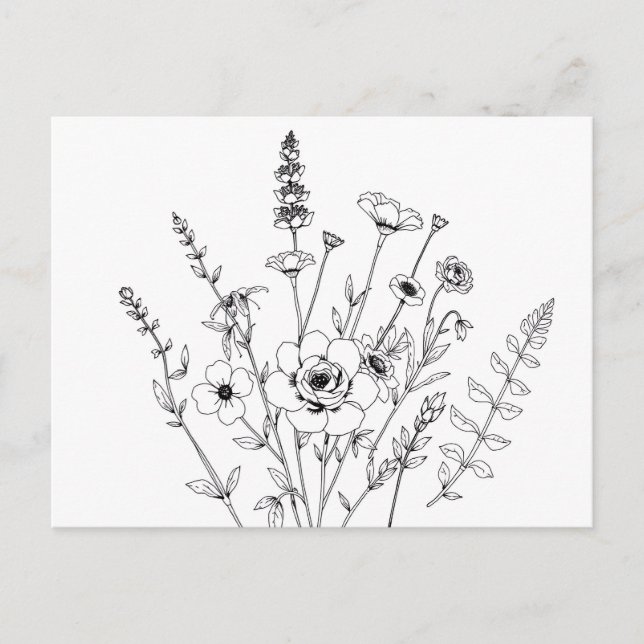Hand Drawn Black and White Delicate Floral  Postcard (Front)