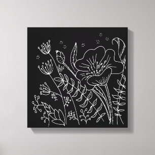 Hand-drawn Black and White Floral Night Meadow Canvas Print