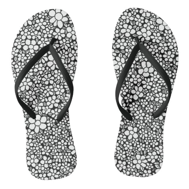 Hand Drawn Black and White Flower Pattern Flip Flops (Footbed)