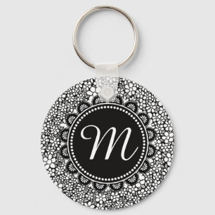 Hand Drawn Black and White Flower Pattern Monogram Key Ring
