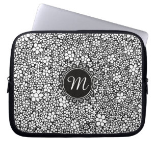 Hand Drawn Black and White Flower Pattern Monogram Laptop Sleeve