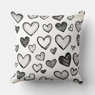 Hand Drawn Black and White Hearts Pattern Cushion